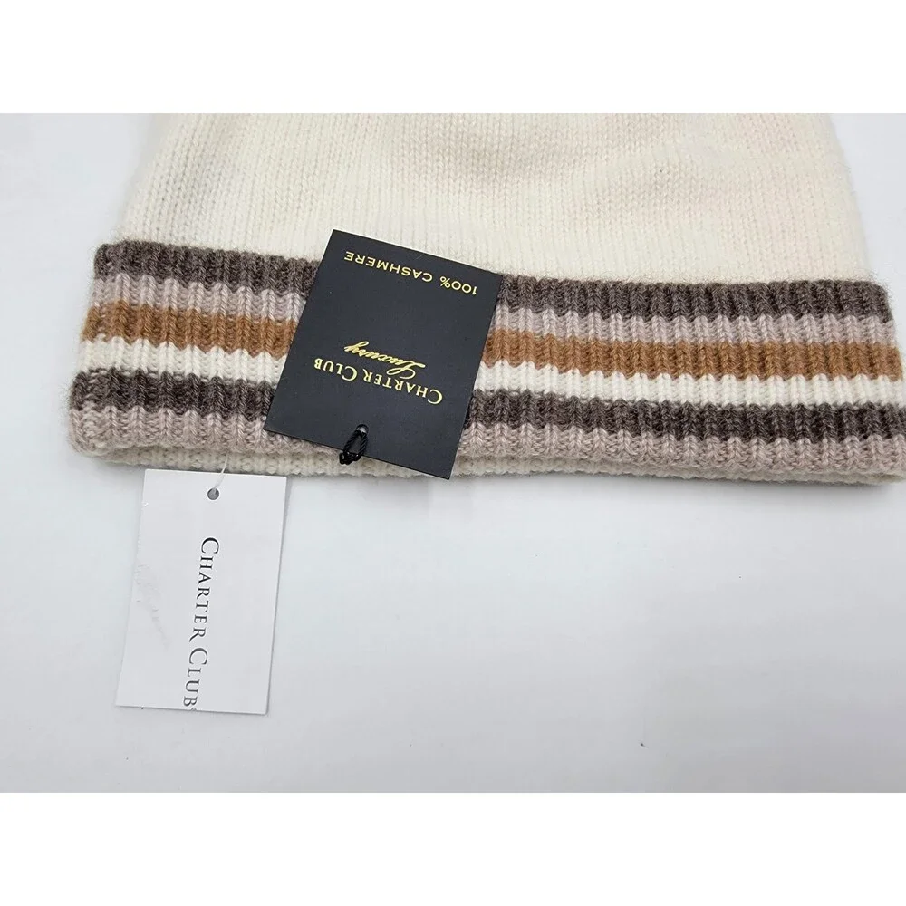 Charter Club Cashmere Stripe Cuffed Beanie Women's One Size Warm Praline